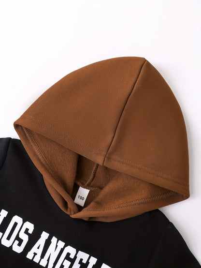 2pcs Boys' Autumn/Winter Fleece-Lined Hooded Sweatshirt and Pants Set, Simple Letter Print Fashion Classic Outfit for Outdoor Sports and Casual Wear, 100% Polyester Knit Stretch Fabric, Ideal Gift Choice for Kids, Perfect for