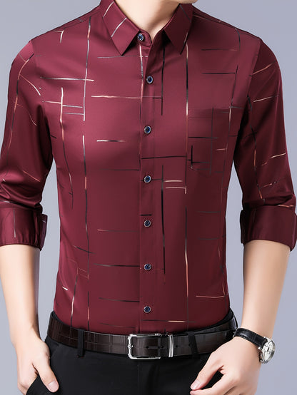 Elegant Men's Maroon Striped Long Sleeve Dress Shirt - Sophisticated Black & Golden Print, Breathable Polyester, Casual Comfort Fit with Classic Collar and Button-Up Front for Casual Attire