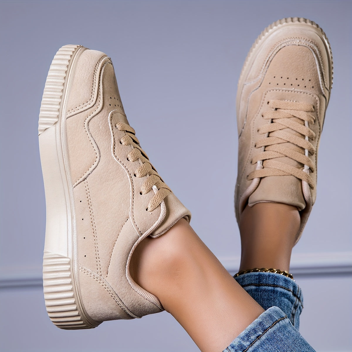 Breathable Fashion Sneakers - Casual Lace-Up Sports Shoes, Beige Faux Cover Low Tops with Durable TPR Sole, Comfortable Fabric Lining for All Seasons, Versatile Slipons|Minimalist Sneakers|Synthetic Cover Sneakers