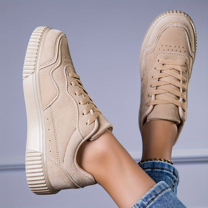 Breathable Fashion Sneakers - Casual Lace-Up Sports Shoes, Beige Faux Cover Low Tops with Durable TPR Sole, Comfortable Fabric Lining for All Seasons, Versatile Slipons|Minimalist Sneakers|Synthetic Cover Sneakers