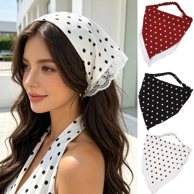 Women’s Stretch Lace Trim Polka Dot Bandana Headscarf