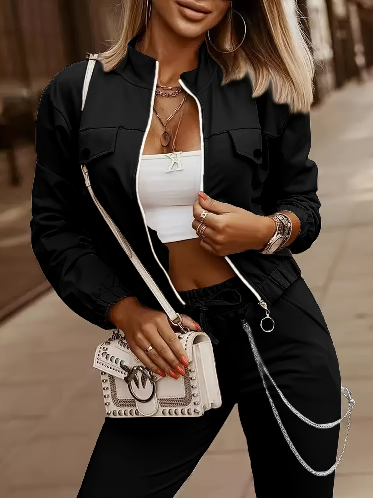 Women's Two-Piece Casual Set with Zipper Patchwork Detail - ayq
