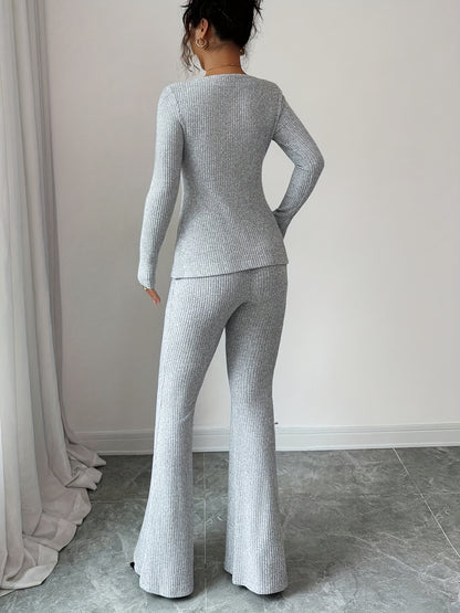 Elegant Women's Slim Fit Bow-Tie Top & Flared Pants Set - ayq