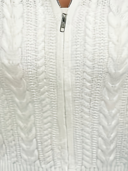 Women's Elegant Zip-Up Cable Cardigan with Stand Collar - Machine Washable Spring/Fall Jacket, White Solid Color, Braided Design & Zipper Front for Casual or Dressy Outfits, Cardigan Sweater, Autumn Layering Piece, Spring Out