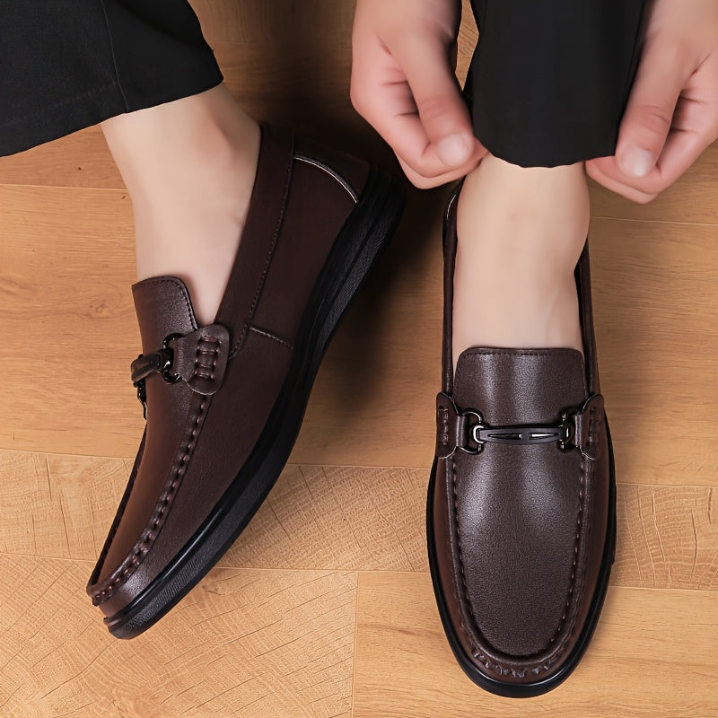 Men's Casual Genuine Leather Loafers with Adjustable Buckle, All-Seaso