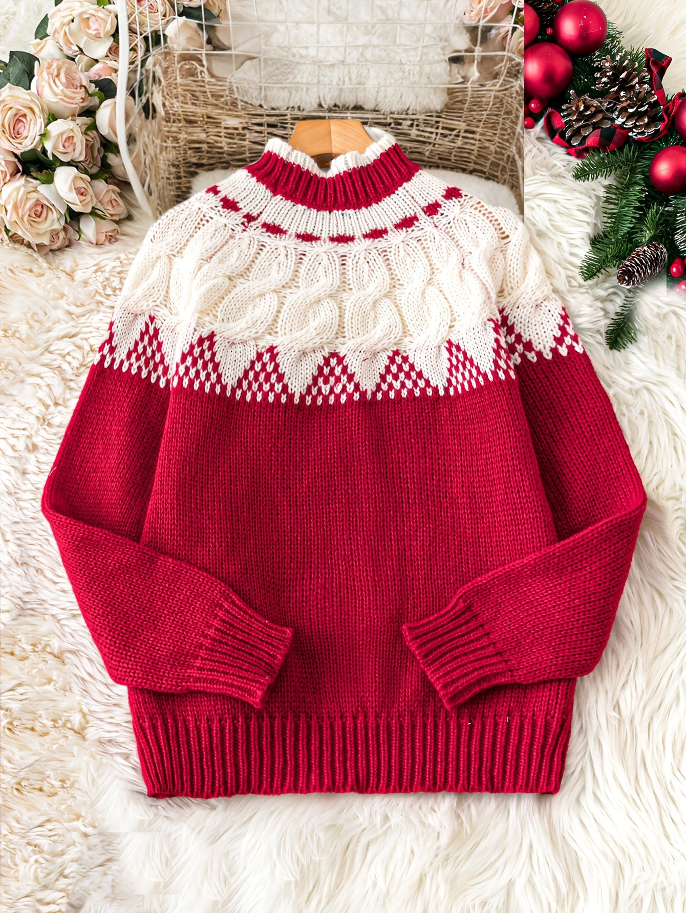 Women's Knit Sweater, Casual Round Neck, Polyester, Floral Cable Pattern, Autumn/Winter Fashion, Pullover Style, No Detail, Knitted Fabric