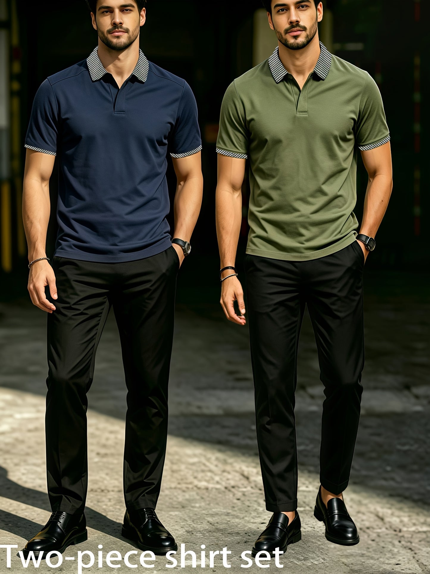Men's Summer Plaid Collar Polo & Black Pants Casual Set