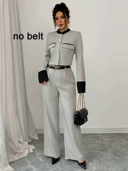 Elegant 2-Piece Suit Set with Stand Collar for Fall/Winter