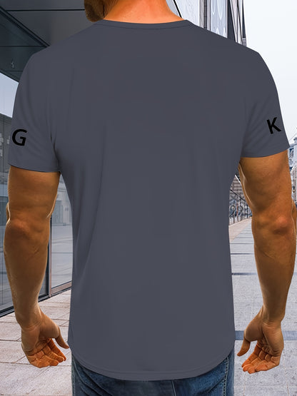 Men's 3D Digital Print T-Shirt with Crown  "LIVE LIKE A KING" Slogan - Casual Round Neck Regular Fit Machine Washable Graphic Tee for Casual Attire, Streetwear Fashion, Bold Statement Shirt, Durable Fabric Shirt
