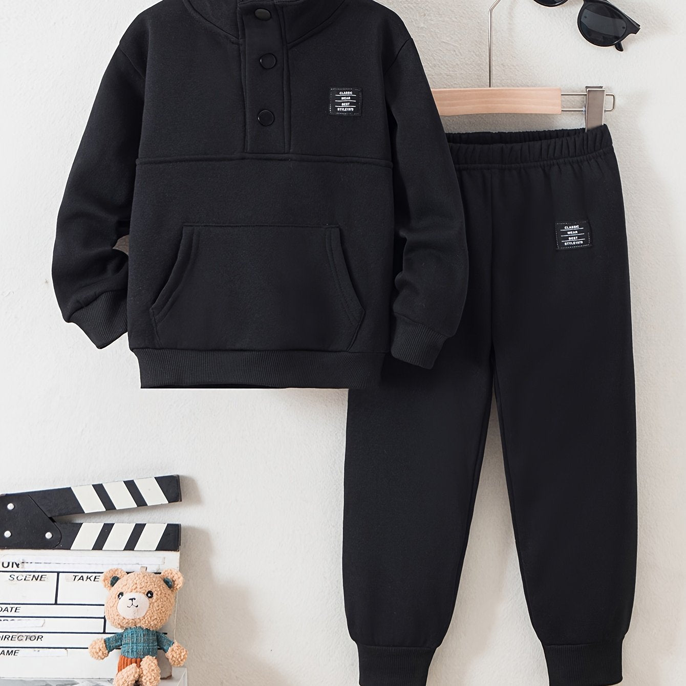 Boys' Cozy Fleece-Lined Hoodie & Sweatpants Set - Olive Green Casual Winter Outfit with Pockets, Thick Warmth for Fall & Winter, Regular Fit, Casual Attire, for Outdoor