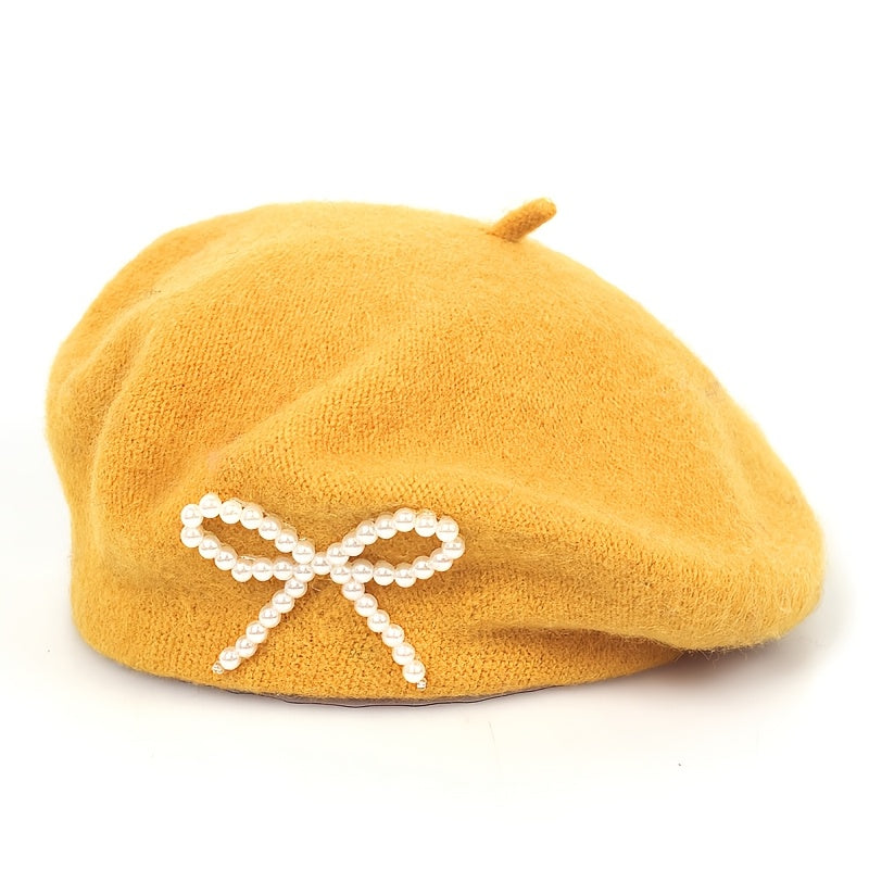 1pc Women's Wool Beret with Pearl Bow - Elegant, Breathable, and Stylish in Multiple Colors (Black, Brown, Gray, Beige, Purple, Pink) for Casual Attire