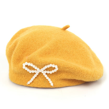 1pc Women's Wool Beret with Pearl Bow - Elegant, Breathable, and Stylish in Multiple Colors (Black, Brown, Gray, Beige, Purple, Pink) for Casual Attire