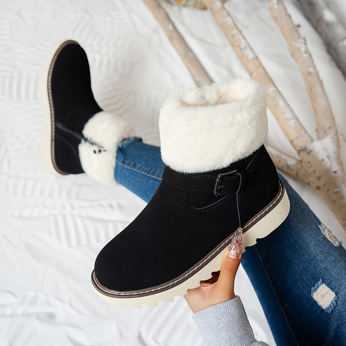 Women's Winter Snow Boots with Plush Faux Fur Collar & Buckle Closure - Round Toe TPR Sole Slip- Warm Ankle Boots, Soft Fabric Upper & Lining, Black/White/Beige/Coffee Brown - Casual & Formal Winter Footwear for Snow & Ice -
