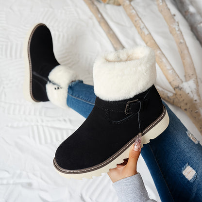 Women's Winter Snow Boots with Plush Faux Fur Collar & Buckle Closure - Round Toe TPR Sole Slip- Warm Ankle Boots, Soft Fabric Upper & Lining, Black/White/Beige/Coffee Brown - Casual & Formal Winter Footwear for Snow & Ice -