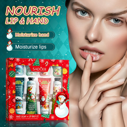 8pcs SADOER Christmas Hand Cream & Lip Balm Gift Set - Moisturizing, Softening, Brightening, and Dry Light Care with Glycerin, Hyaluronic Acid, and Plant-Based Squalane - Ideal for All Light Types, Festive Holiday Packaging,