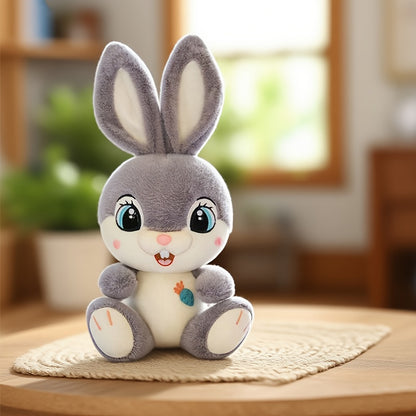 Adorable Pink Plush Bunny with Big Eyes in a Cute Sitting Pose, Featuring Gray Long Ears. A Charming Stuffed Toy Rabbit with a Carrot And Buck Teeth, Perfect for Easter Gifts And Home Decor Props, As Well As Surprise Gifts fo