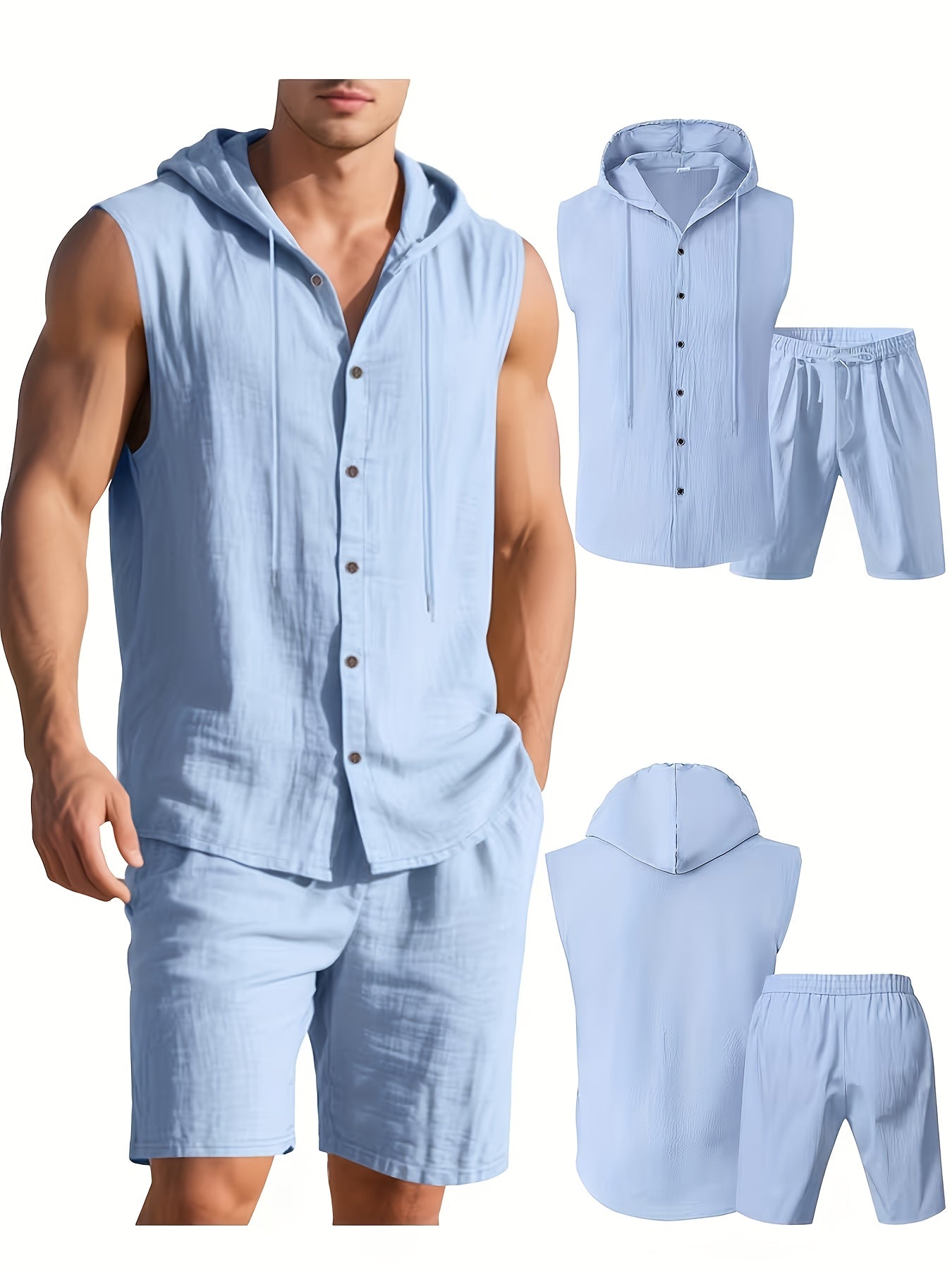 Men's Summer Linen Hooded Sleeveless Shirt & Shorts Set