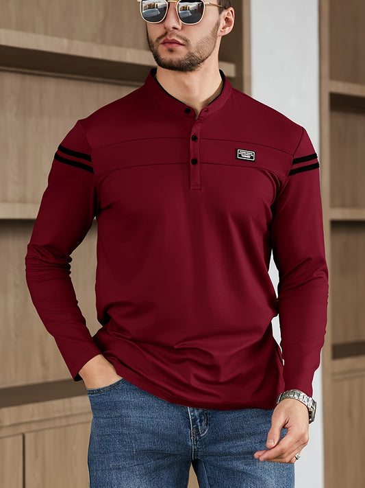 Men'S Casual Long Sleeve T-Shirt - Solid Color with Stand Collar  Stripe Polo, Button-Up Front, Ideal for Outdoor Activities