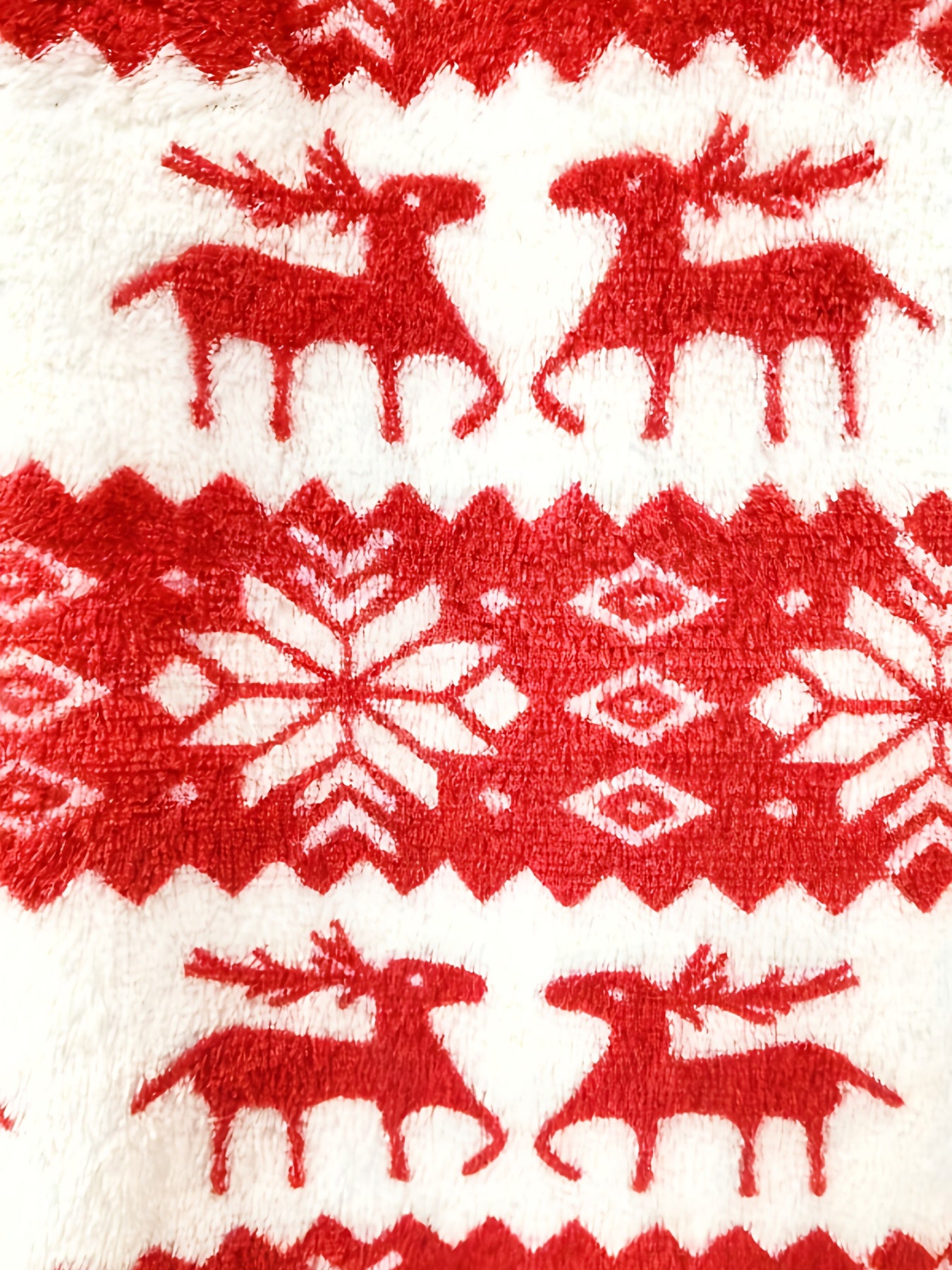 Christmas Red Reindeer and Snowflake Plush Long Sleeve T-Shirt | Rib, Round Neck, Fall/Winter Style