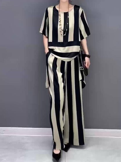 Artistic Irregular Stripe Loose Round Neck Pullover Top with Flared Pants Women's Set