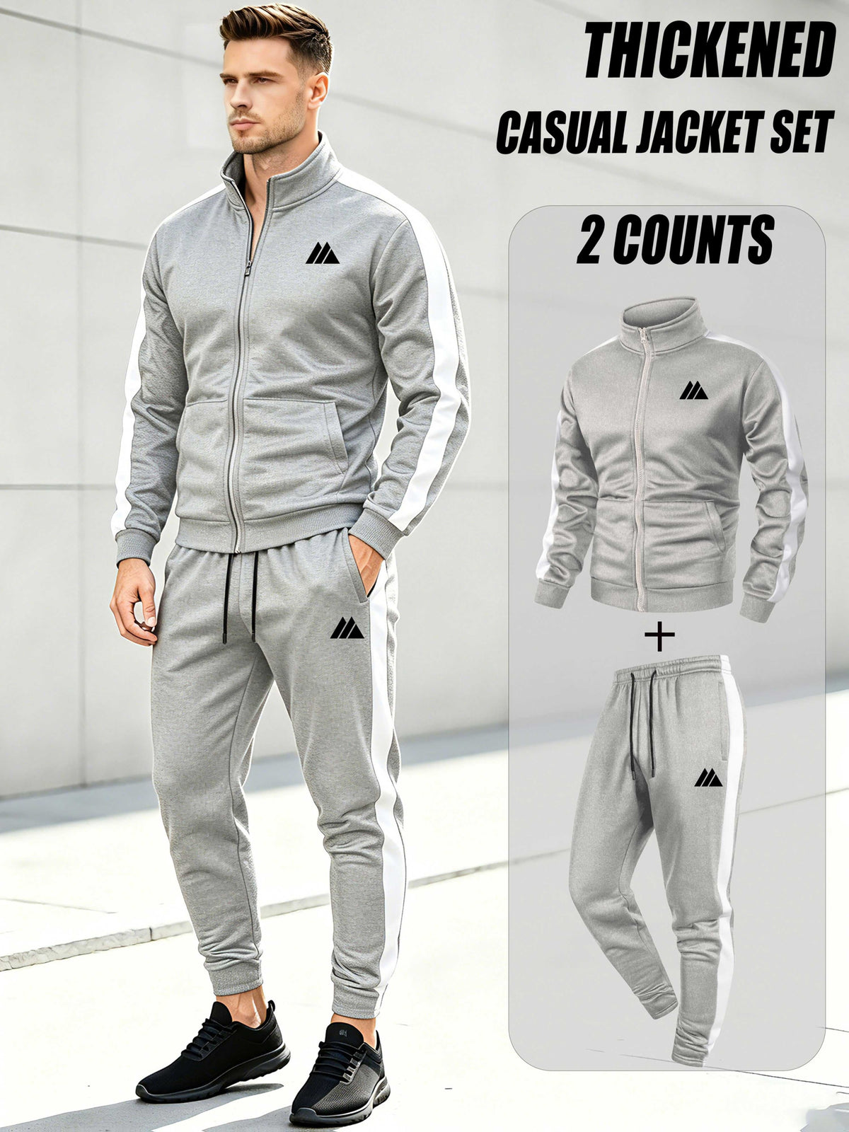 Men's Thickened Casual Sports Tracksuit Set with Zipper Jacket