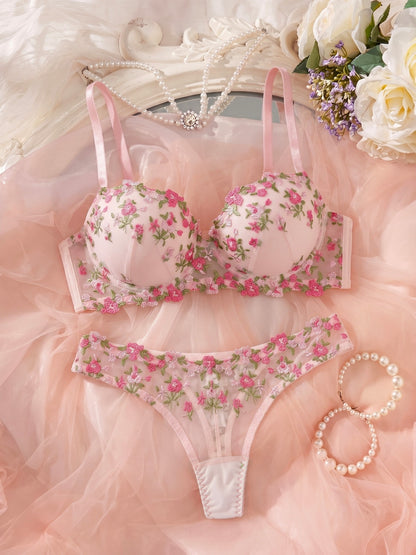 Women's Floral Embroidered Lingerie Set - Elegant Bra & Panties