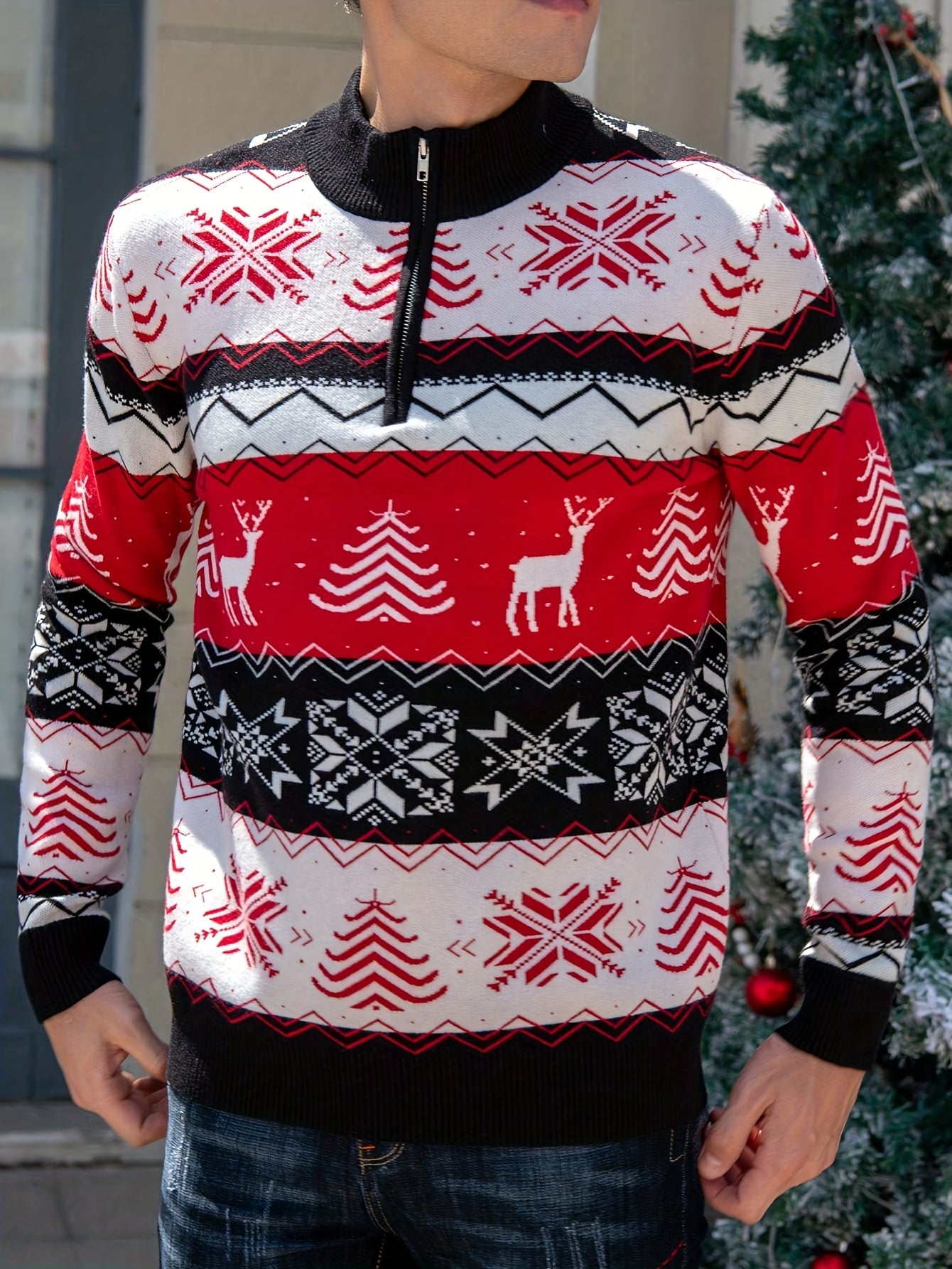 Men's Winter Weight Slim-Fit Zippered Sweater Jacket - Black/White/Red/Green Reindeer & Snowflake Pattern Collar, Machine Washable Half-Zip Coat for Christmas Parties, Casual & Formal Events ( Collar)