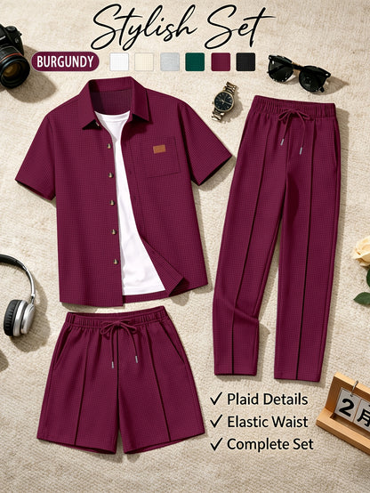 Men's Casual 3-Piece Set: Waffle Knit Shirt, Shorts & Pants