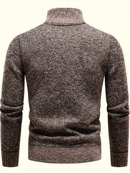 Men's Fleece-Lined Warm Knit Sweater - Autumn/Winter, Solid Color with Stand Collar & Short Zipper Placket, Long Sleeve, Polyester - Ideal for Hiking, Cycling & Casual Attire, Winter Sweater