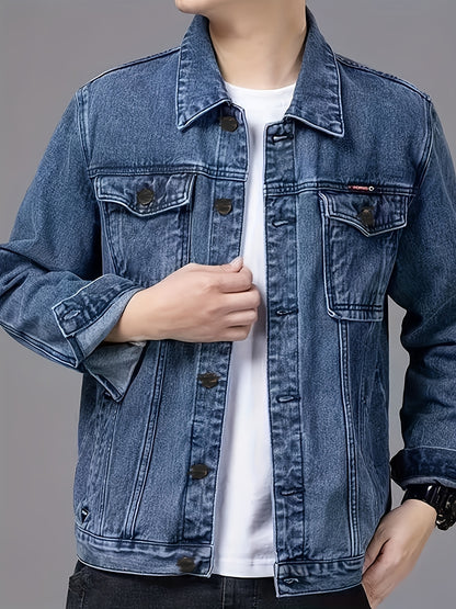 Men's Spring/Autumn Denim Jacket - Casual Chic Style, Black Blend with Red Accents, Button-Up with Flap Pockets, Long Sleeves, Ideal for Hiking & Casual Attire, Outdoor Apparel|Classic Denim Style|Durable Fabric