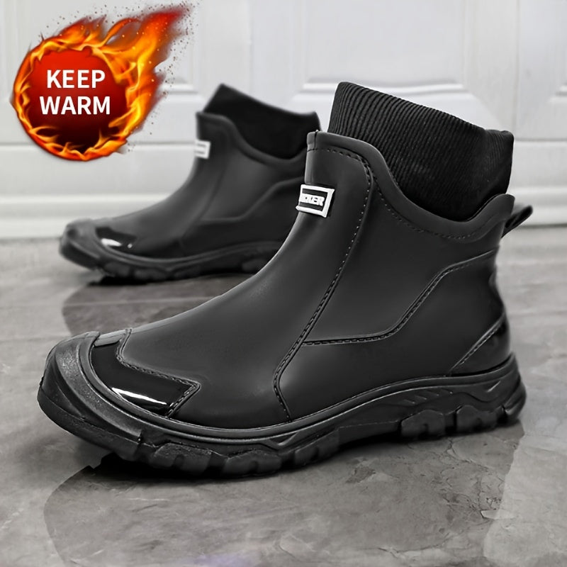 Men's Winter Plush-Lined Short Slip-On Rain Boots, Warm & Durable