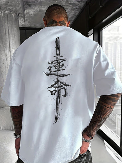 Men'S Japanese Samurai Sword Graphic T-Shirt - Casual Loose Fit Crew Neck, Short Sleeve Tee with Red Stylized Japanese Katanas Design, Breathable Polyester for Spring  Summer Outdoor Wear