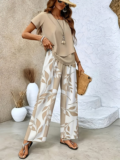 Women's Elegant 2-Piece Set: Crew Neck Top & Printed Pants