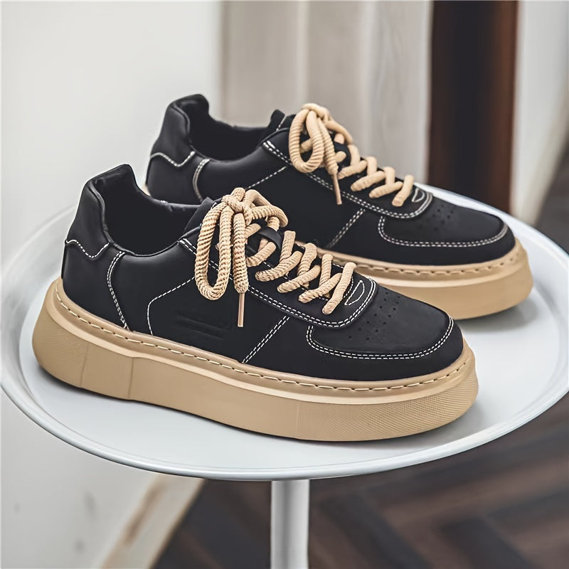 Men's Solid Colour Platform Skateboard Shoes, Comfy Non Slip Durable Lace Up Sneakers For Men's Outdoor Activities