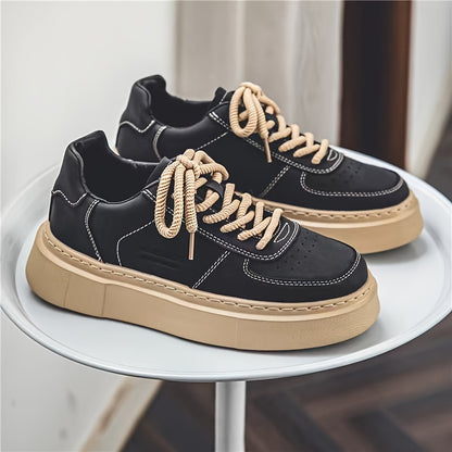 Men's Solid Colour Platform Skateboard Shoes, Comfy Non Slip Durable Lace Up Sneakers For Men's Outdoor Activities