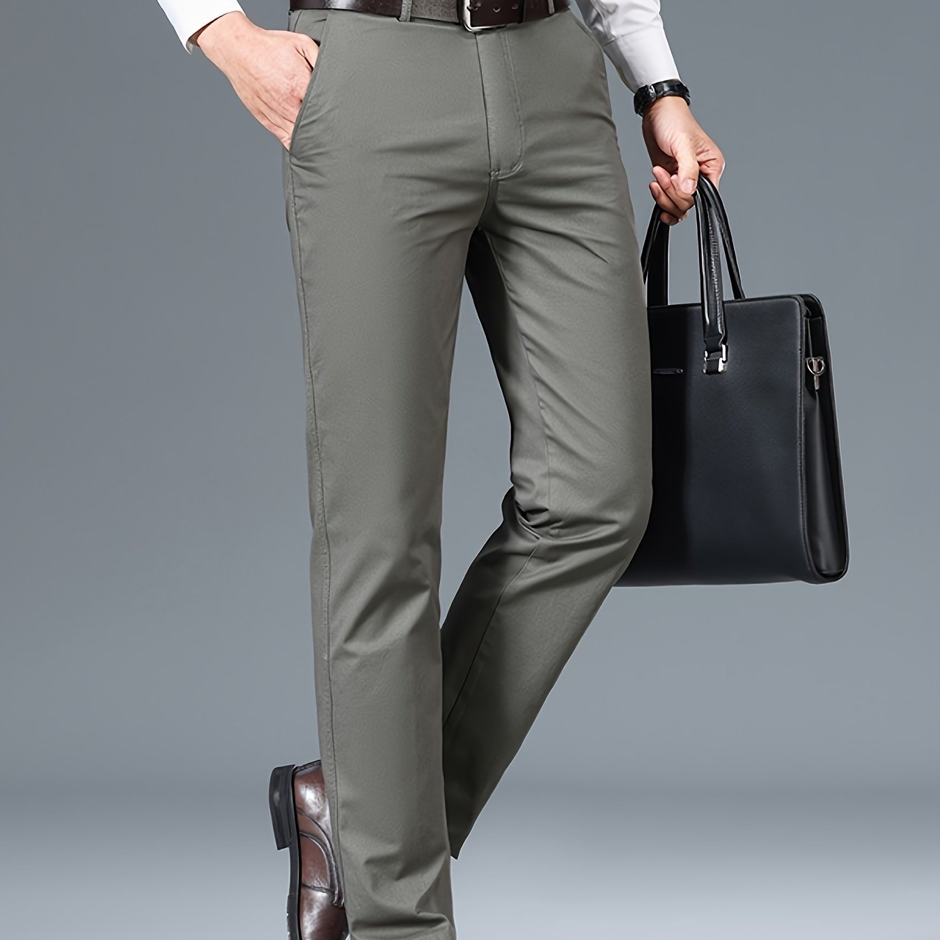 Men's Light Business Cotton Dress Pants - Straight Leg, Olive Green, 100% Cotton, Perfect for Office or Casual Outings