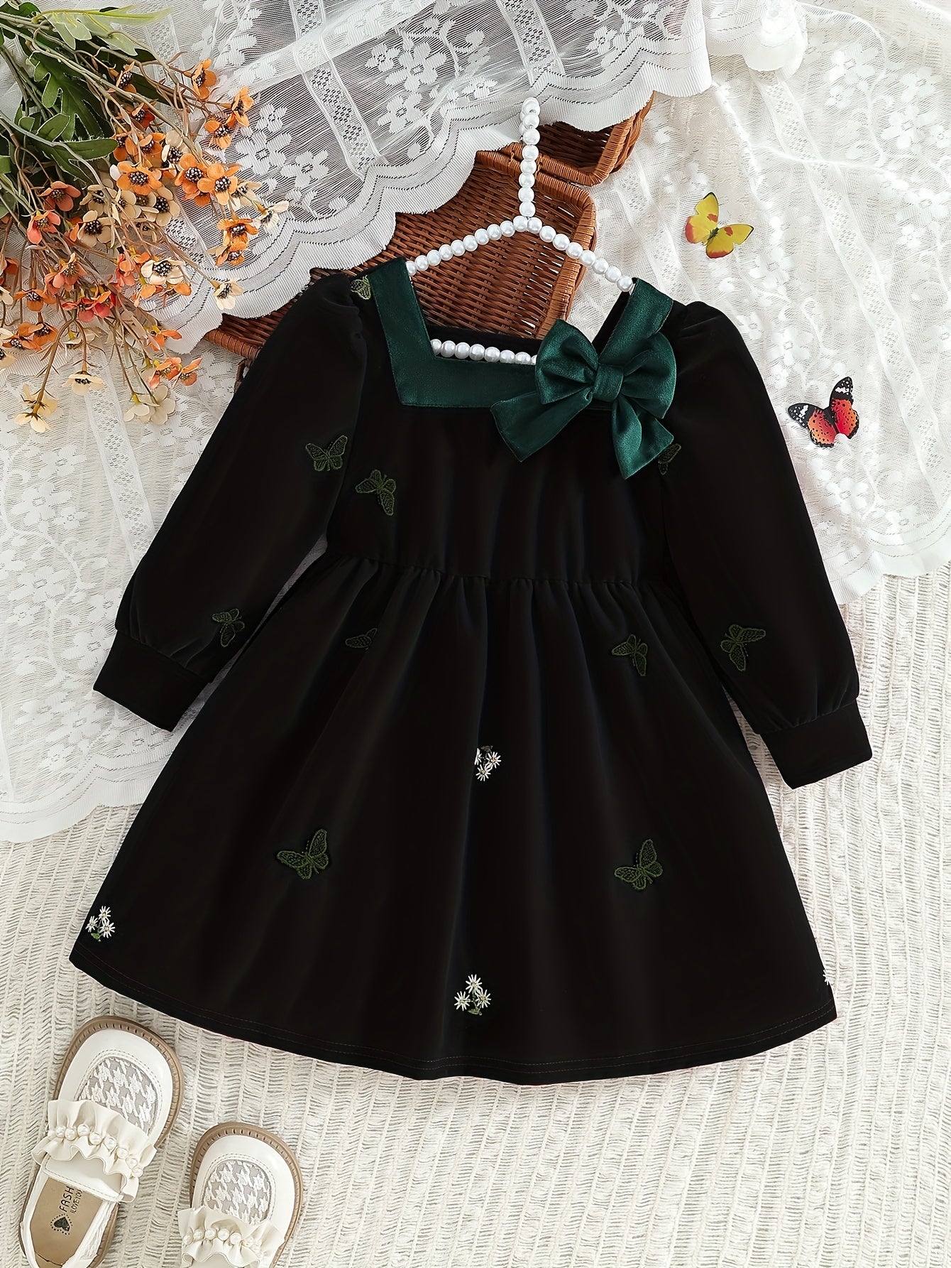 Dreamy Party Dress for Girls - Sweet 3-D Bow with Playful Embroidered Accents, Long Sleeve Spring/Fall Holiday Gathering Outfit