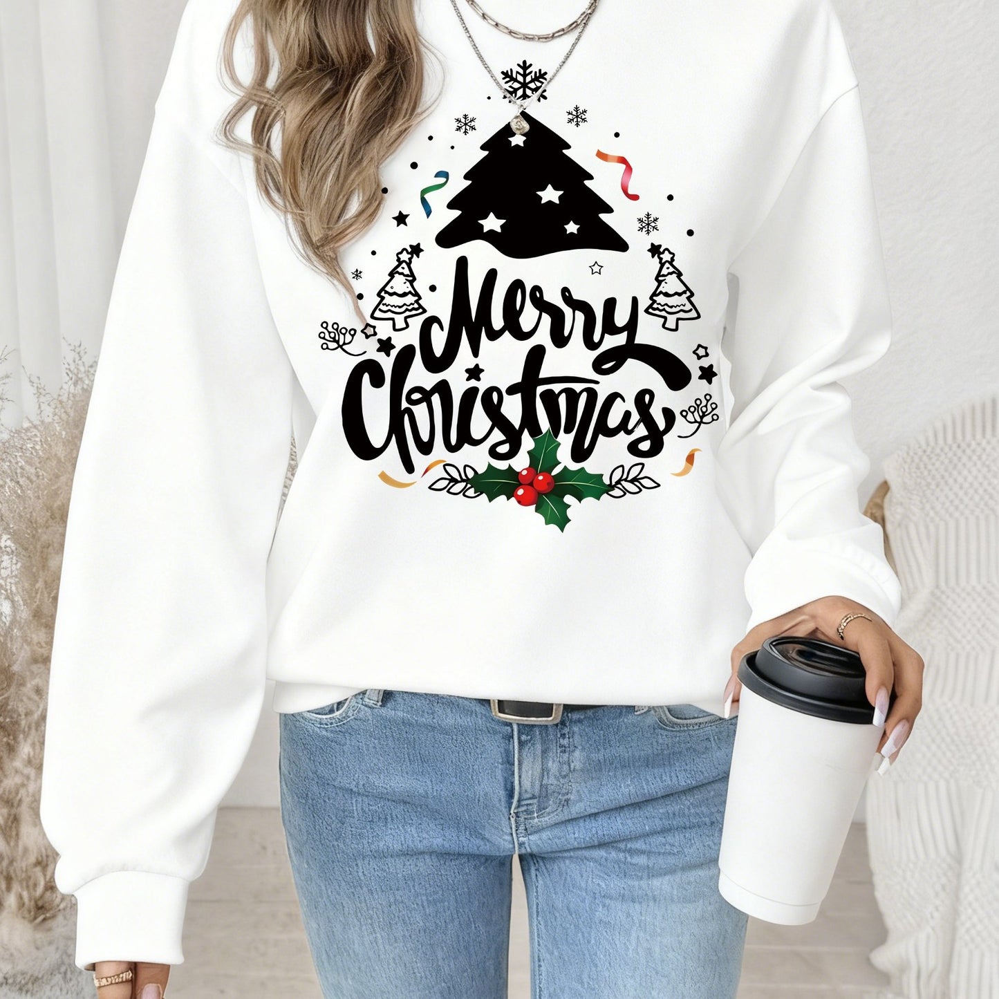 Women's Red Christmas Tree & Lettering Sweater - Cozy Winter Pullover with Round Neck Long Sleeve, Thickened Sweating-Reducing Blouse for Xmas Party Outfits, Family Gatherings (Machine Washable, Autumn/Winter Clothing)