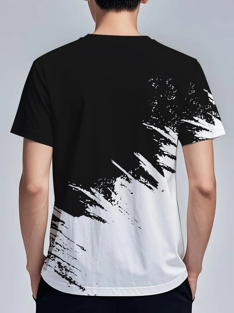 Men's Short-Sleeve T-Shirt with Bold Black  White Mountain Graphic Print - Breathable Summer Casual Tee, Regular Fit Round Neck, Hand Wash Only, Leisure Clothing, Modern Tee, Nontransparent Fabric, Daily Outfit, Creative Pat