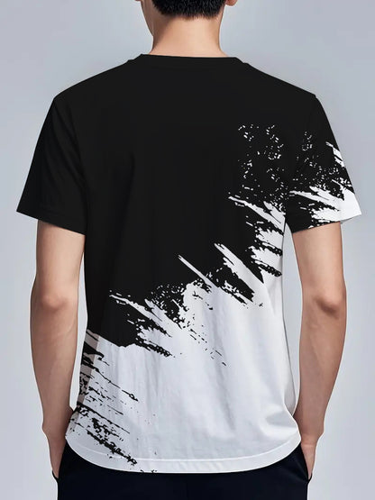 Men's Short-Sleeve T-Shirt with Bold Black  White Mountain Graphic Print - Breathable Summer Casual Tee, Regular Fit Round Neck, Hand Wash Only, Leisure Clothing, Modern Tee, Nontransparent Fabric, Daily Outfit, Creative Pat
