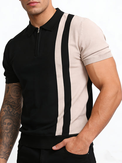Men's 1/4 Zip Lapel Short-Sleeve Striped Knit Cardigan