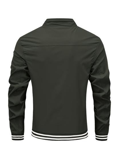 Men's Stand Collar Long Sleeve Zip Up Sports Jacket With Contrast Trim Design, Men's Spring Fall Outwear, As Gifts