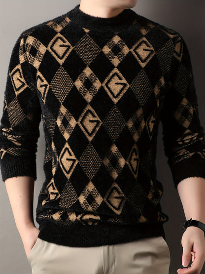Maqiqi OBM Men's New Autumn/Winter Knit Pullover, Plaid Pattern Men's Sweater with Letter Decoration, Faux Mink Fur Round Neck Long Sleeve Men's Top, Soft and Comfortable Fabric, Suitable for Casual Outings, Men's Gift