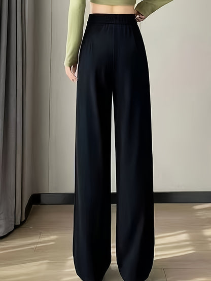 Women'S Elegant Solid Color Straight Leg Pants, Breathable, Comfortable, Fashion Commuter, Polyester, Elastic Waist, Loose Contour, 250g/㎡, for Adult, Spring/Summer/Fall