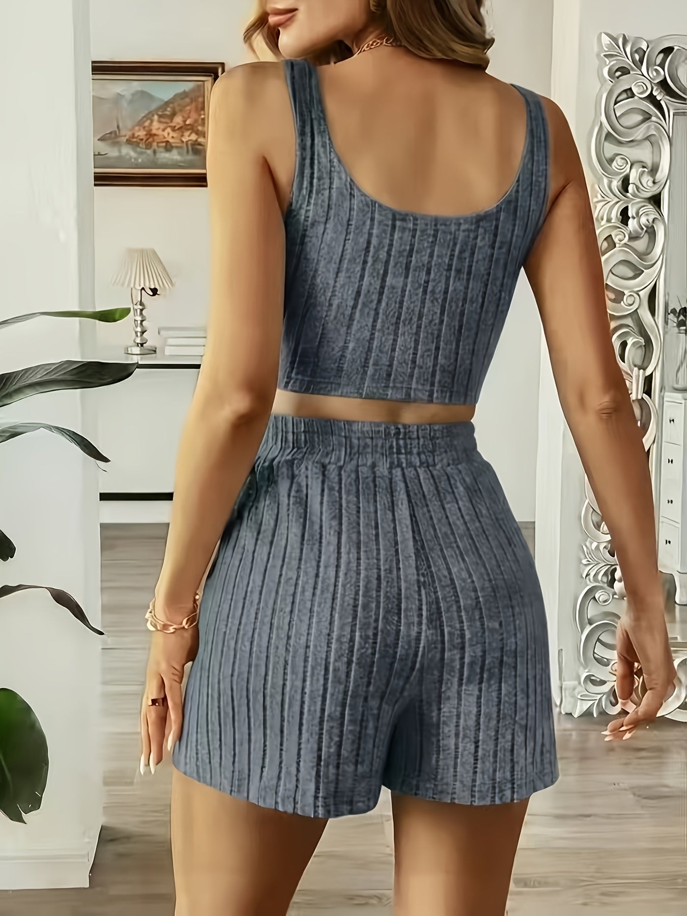Women's Casual Summer Tank Top and Shorts Set, Polyester Blend