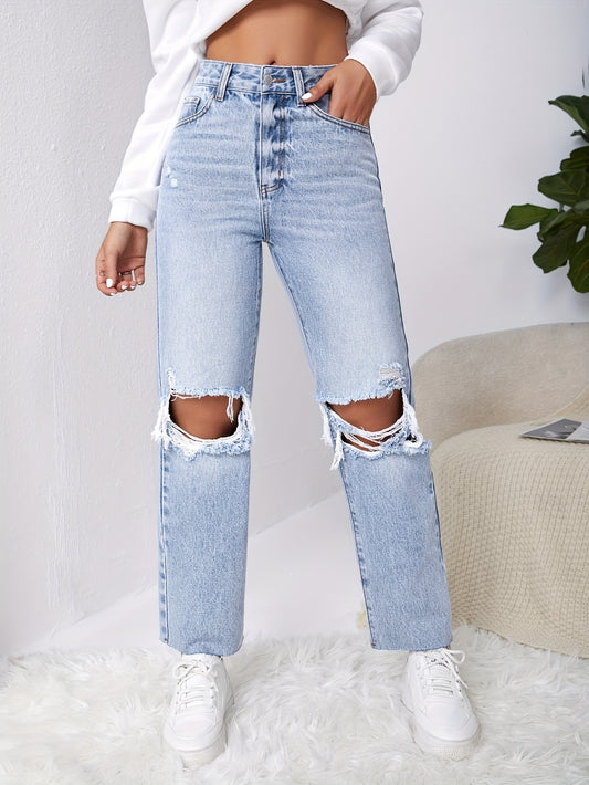 Women's Light Wash Ripped Denim Jeans - Straight Leg, Slash Pockets, Distressed Casual Style, Comfort Fit for Casual Attire, Seasonal Fashion | Wideleg Jeans | Smooth Texture Denim