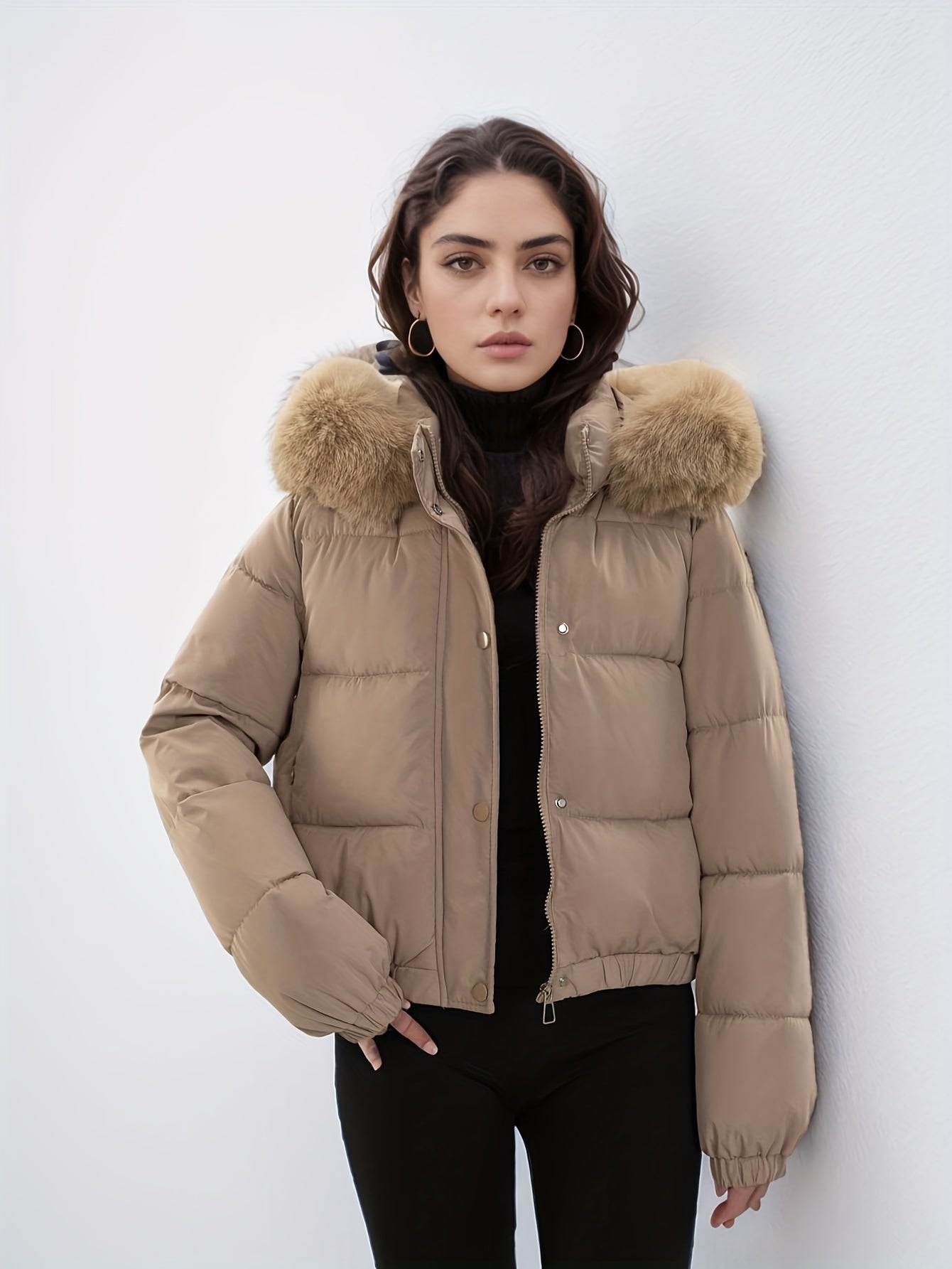 Women'S Winter Coat with Removable Faux Fur Hood - Thickened Loose Fit Long Sleeve Jacket, Zippered Pockets & Button Front, Casual Solid Color Outerwear for Cold Weather, Cozy Warmth, Buttoned Closure, Durable Fabric