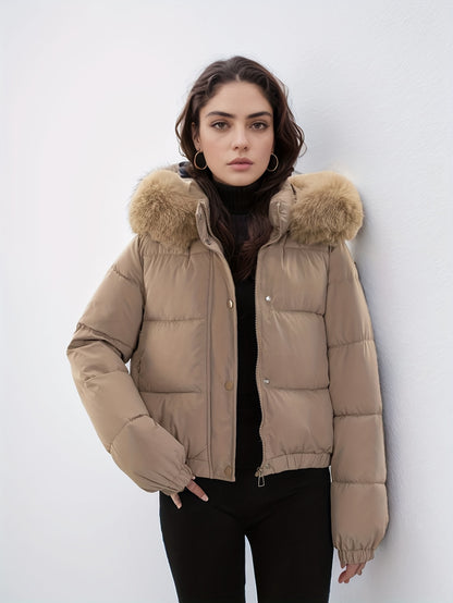 Women'S Winter Coat with Removable Faux Fur Hood - Thickened Loose Fit Long Sleeve Jacket, Zippered Pockets & Button Front, Casual Solid Color Outerwear for Cold Weather, Cozy Warmth, Buttoned Closure, Durable Fabric