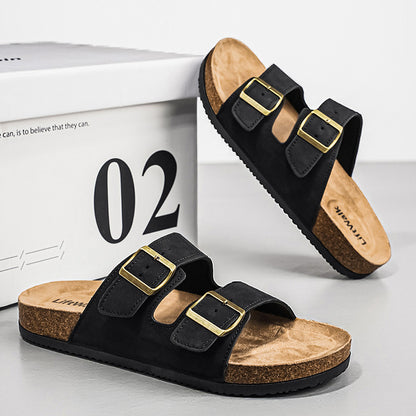 Men's Casual Outdoor Slip-On Sandals with Cork Sole and Double Buckles