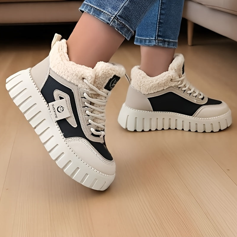 Women'S Winter Warm High-Top Sneakers - Breathable Synthetic, Plush Lined, Durable PVC Sole, Stylish Beige & White Design for Outdoor Casual Wear, Winter Sneakers | Stylish Winter Shoes | Durable PVC Sole, Women Winter Shoes,